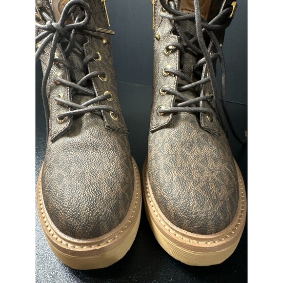 Michael Kors MK Monogram Combat Boots Brown Lace-Up Ankle Booties 6.5M - Picture 10 of 10